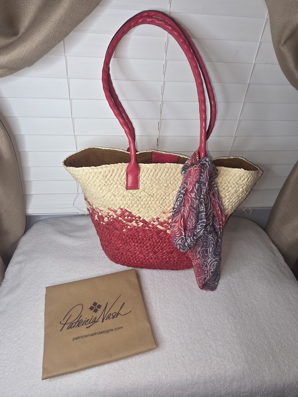 Patricia Nash Pink & Natural Woven Straw Tote Bag with Scarf
